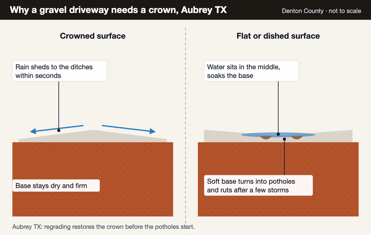 Aubrey TX gravel driveway crowned versus flat: a flat surface ponds water and turns into potholes and ruts